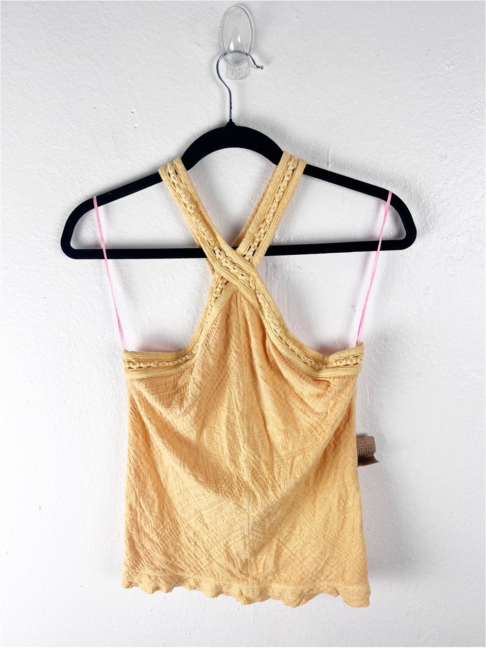 FREE PEOPLE Yellow Textured Embroidered Straps Halter Top Size Large Boho Casual